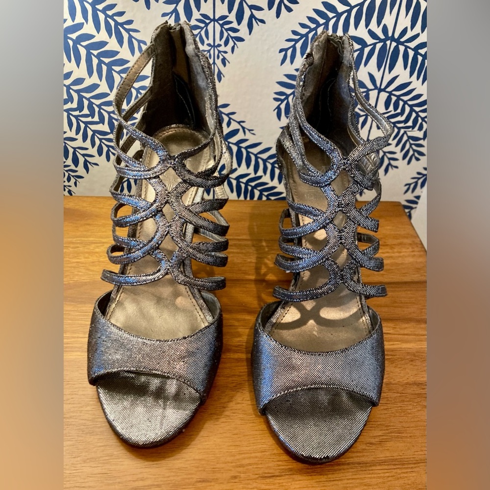Strappy shimmery platinum heels.  Sz 8